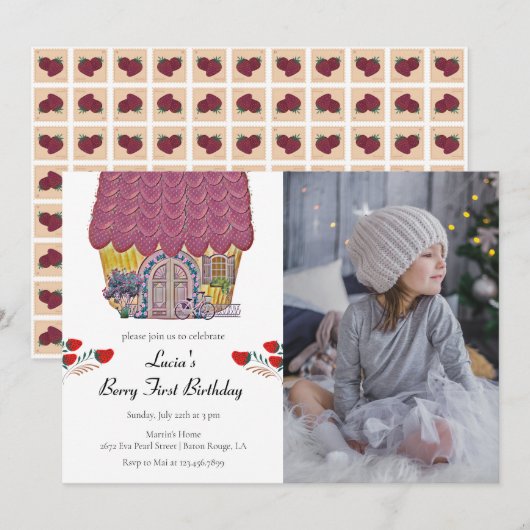 Strawberry House Berry First Girl 1e verjaardag Kaart (Voorkant / Achterkant)