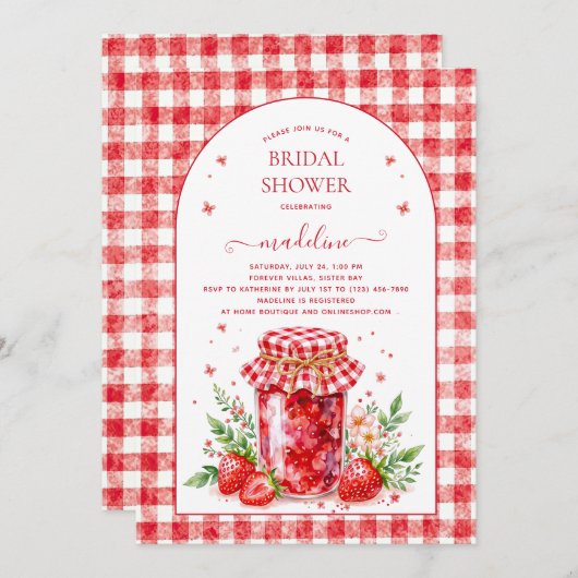 Strawberry Jam Gingham Bruids Douche Uitnodiging (Voorkant / Achterkant)