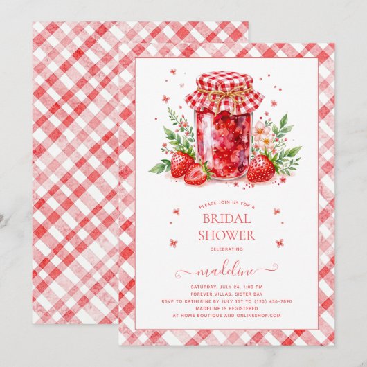 Strawberry Jam Gingham Bruids Douche Uitnodiging (Voorkant / Achterkant)