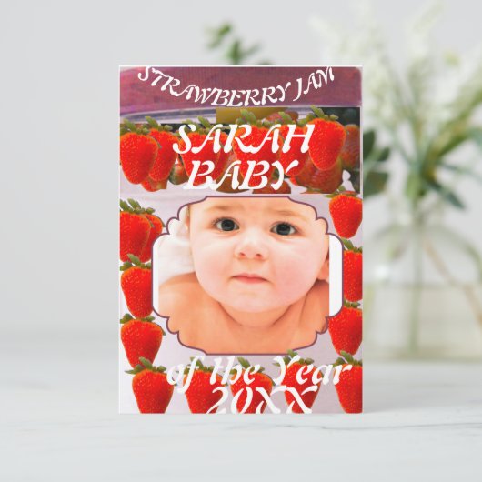Strawberry Jam jar with baby photo design Aankondiging (Staand voorkant)