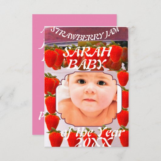 Strawberry Jam jar with baby photo design Aankondiging (Voorkant / Achterkant)