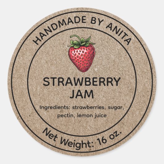 Strawberry Jam Jelly Jar Label Kraft-papierstijl (Voorkant)
