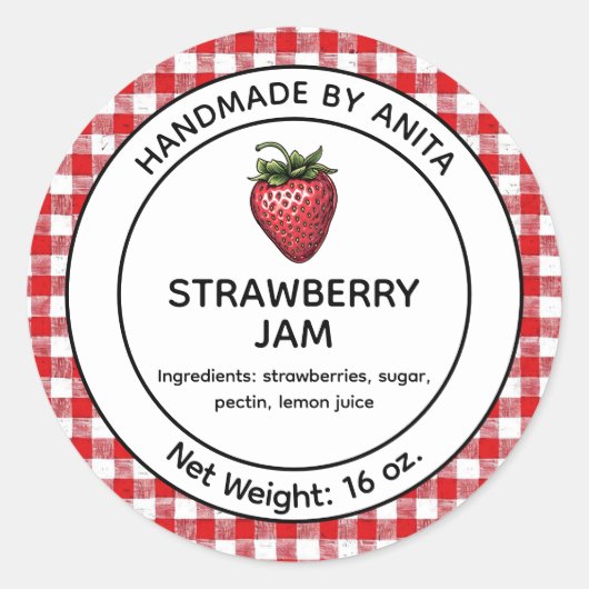 Strawberry Jam Jelly Jar Label Plaid Gingham (Voorkant)
