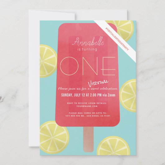 Strawberry Lemonade Popsicle Virtual 1st Birthday Kaart (Voorkant)
