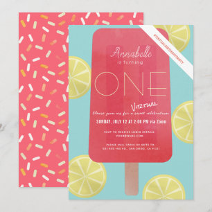 Strawberry Lemonade Popsicle Virtual 1st Birthday Kaart