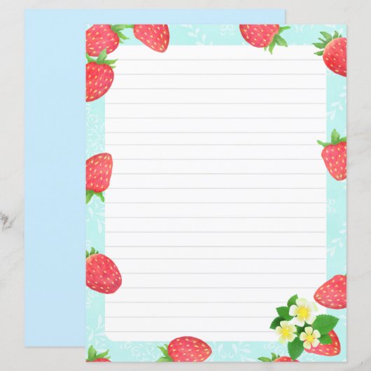 Strawberry Lined Blue Stationery Paper (Voorkant / Achterkant)