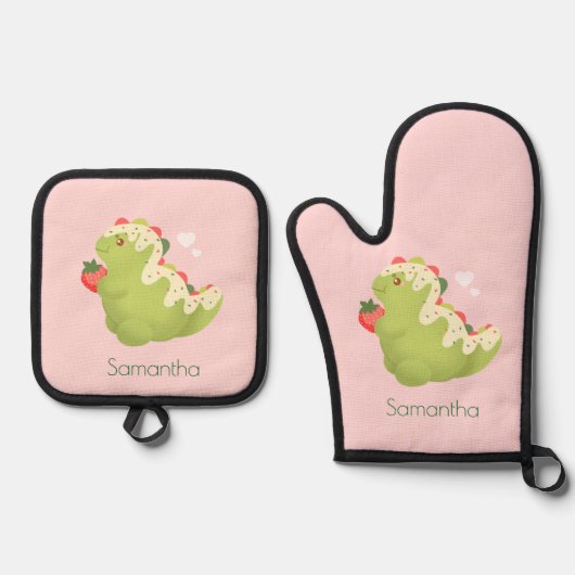 Strawberry Matcha Dinosaur  Ovenwant & Pannenlap Set (Voorkant)