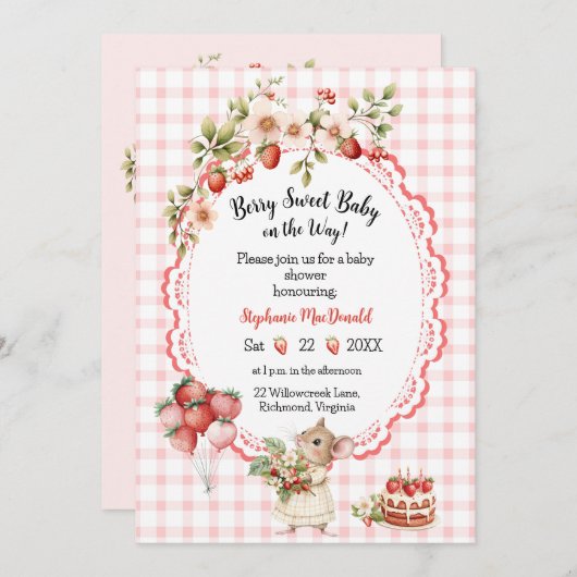Strawberry Mouse Baby shower Invitation Kaart (Voorkant / Achterkant)