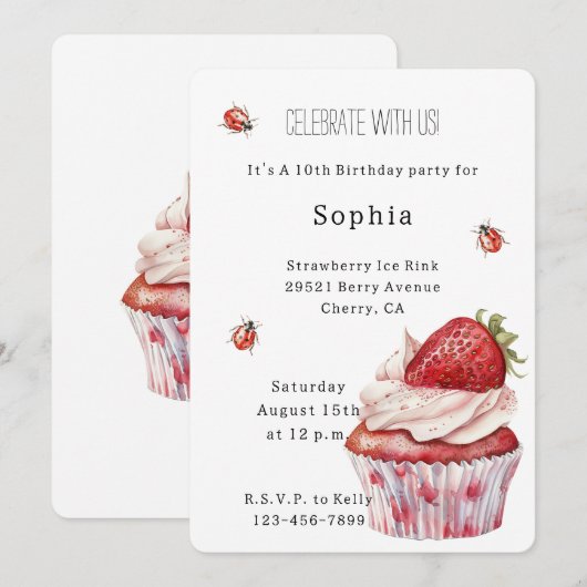 Strawberry Muffin Cake Ladybugs Birthday Kaart (Voorkant / Achterkant)