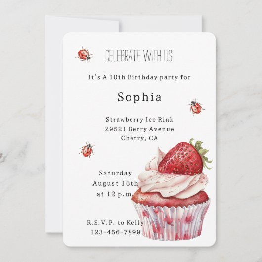 Strawberry Muffin Cake Ladybugs Birthday Kaart (Voorkant)