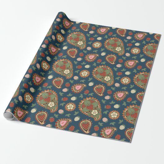 Strawberry Paisley Pattern Wrapping Paper Cadeaupapier (Uitgerold)
