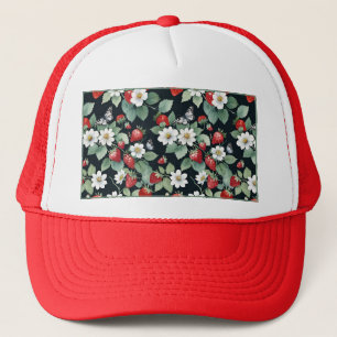 Strawberry Patch Bloemen op Zwart Trucker Pet