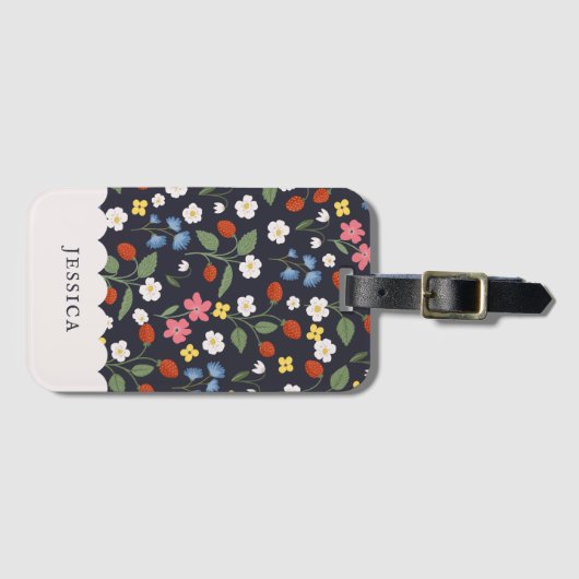 strawberry pattern navy bagagelabel (Voorkant (horizontaal))