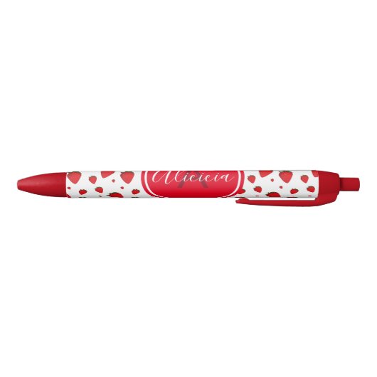 Strawberry Pattern Red White Name Initiaal Zwarte Inkt Pen (Bodem)