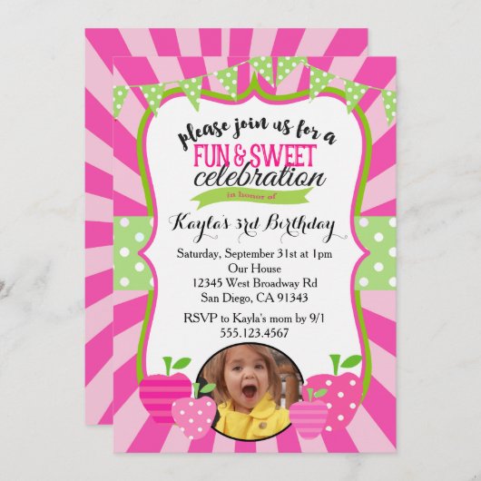 Strawberry Photo First Birthday Party Invitation Kaart (Voorkant / Achterkant)