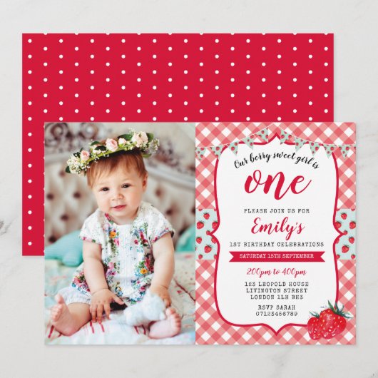 Strawberry Picnic Foto 1e verjaardag Uitnodiging (Voorkant / Achterkant)
