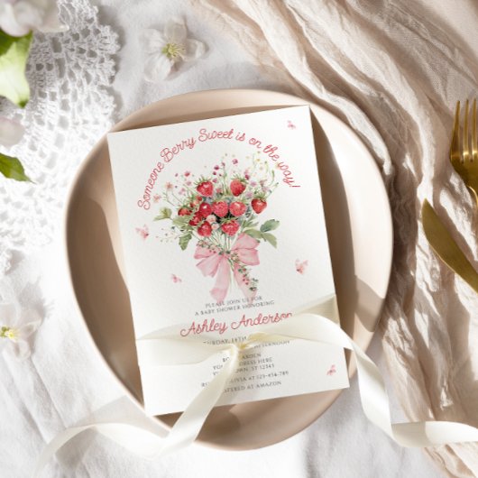Strawberry Pink Bow Floral Baby shower Kaart