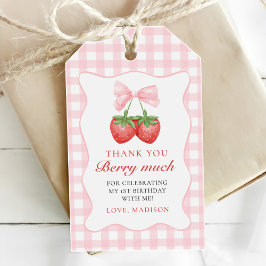 Strawberry Pink Bow Girl 1e verjaardag Cadeaulabel