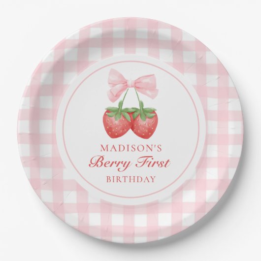 Strawberry Pink Bow Girl 1e verjaardag Papieren Bordje (Voorkant)