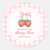 Strawberry Pink Bow Girl 1e verjaardag Ronde Sticker (Voorkant)