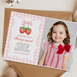 Strawberry Pink Bow Girl 1st Verjaardag Foto Bedankkaart