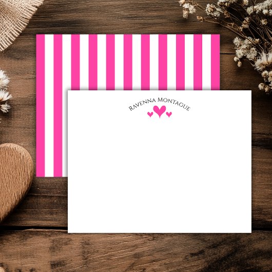Strawberry Pink Classic Hearts Striped Note Card Notitiekaartje