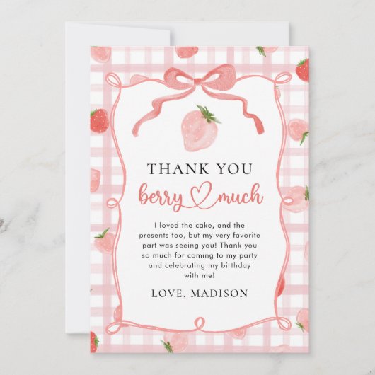 Strawberry Pink Gingham 1e verjaardag Bedankkaart (Voorkant)