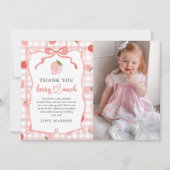 Strawberry Pink Gingham 1e verjaardag foto Bedankkaart (Voorkant)