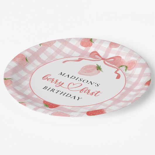 Strawberry Pink Gingham 1e verjaardag Papieren Bordje (Gekanteld)