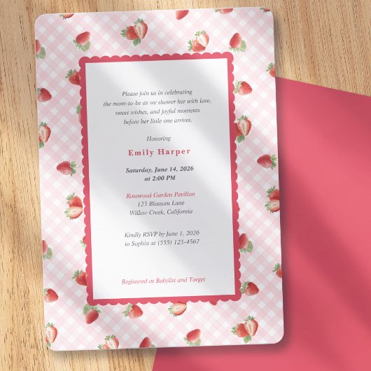 Strawberry Pink Gingham Baby Girl Shower Kaart