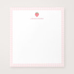 Strawberry Pink Gingham Border Personalized Notitieblok<br><div class="desc">A cute strawberry notepad that you can personalize for a custom gift. This design features a red hand-painted watercolor strawberry and pink gingham border. Change the font style and color to any of your choice.</div>