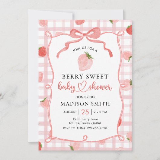 Strawberry Pink Gingham Girl Baby shower Kaart (Voorkant)