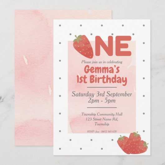 Strawberry Polka Dot ONE 1e verjaardag Kaart (Voorkant / Achterkant)