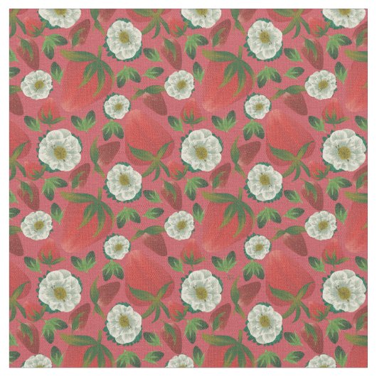 Strawberry Red Floral Pattern Stof (Close Up)