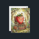 Strawberry Royalty on a Book Throne Briefkaart<br><div class="desc">A fantasy strawberry queen or king sitting on a throne of books with a pencil</div>