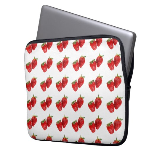 Strawberry Seamless Pattern - Cute Red Fruit on Wh Laptop Sleeve (Voorkant Links)