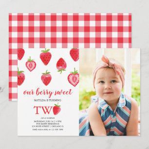 Strawberry Second Birthday Party Photo Invitation Kaart