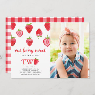 Strawberry Second Birthday Party Photo Invitation Kaart