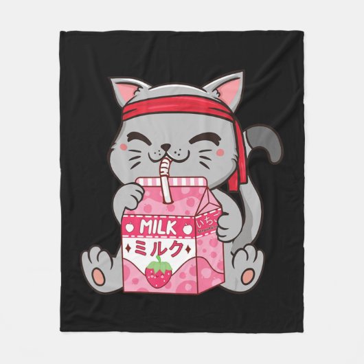 Strawberry Shake Strawberry Milk Cat Kawaii Neko A Fleece Deken (Voorkant)