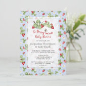 Strawberry So Berry Sweet Blue Gingham Boy Shower Kaart (Staand voorkant)