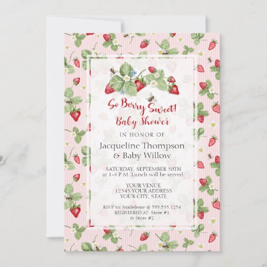 Strawberry So Berry Sweet Pink Gingham Girl Shower Kaart (Voorkant)