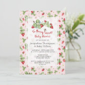 Strawberry So Berry Sweet Pink Gingham Girl Shower Kaart (Staand voorkant)