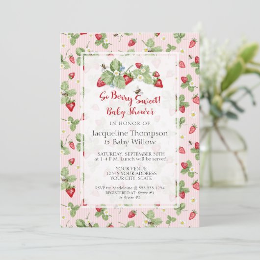 Strawberry So Berry Sweet Pink Gingham Girl Shower Kaart (Staand voorkant)