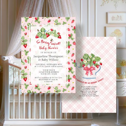Strawberry So Berry Sweet Pink Gingham Girl Shower Kaart