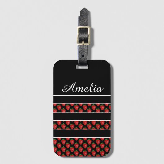 Strawberry Stripes Black Personalised Bagagelabel (Voorkant (verticaal))