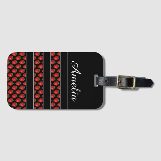 Strawberry Stripes Black Personalised Bagagelabel (Voorkant (horizontaal))