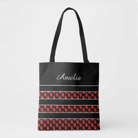 Strawberry Stripes Black Personalised Tote Bag (Voorkant)
