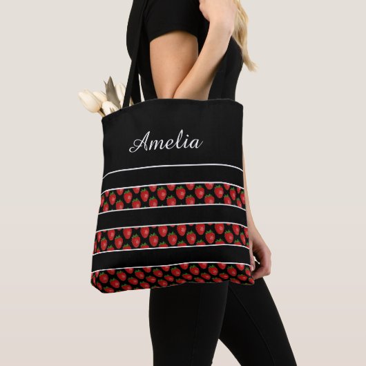 Strawberry Stripes Black Personalised Tote Bag (Dichtbij)