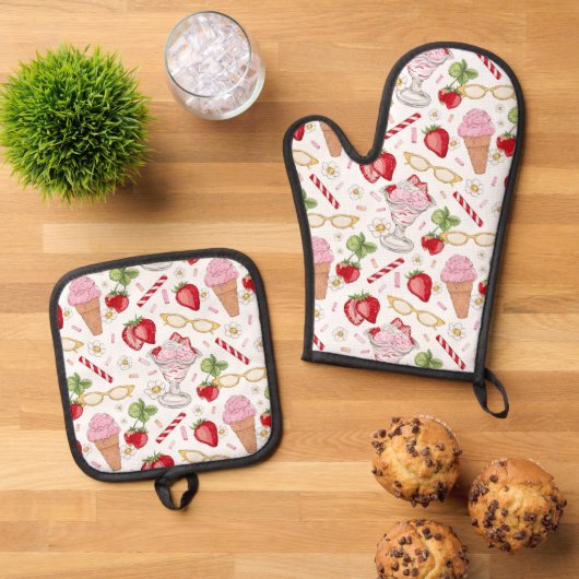 Strawberry Sundae Pattern Ovenwant & Pannenlap Set (Top down)