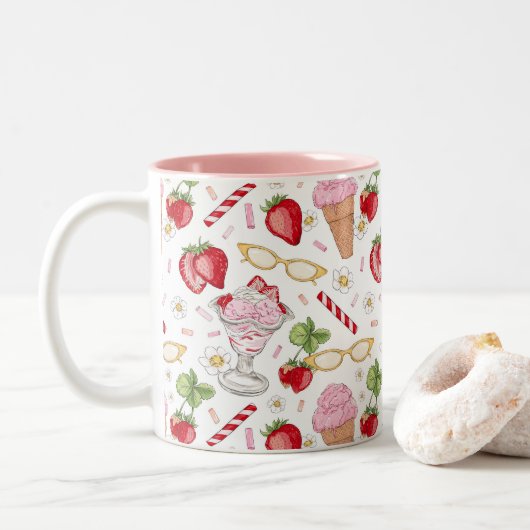 Strawberry Sundae Pattern Tweekleurige Koffiemok (Met donut)